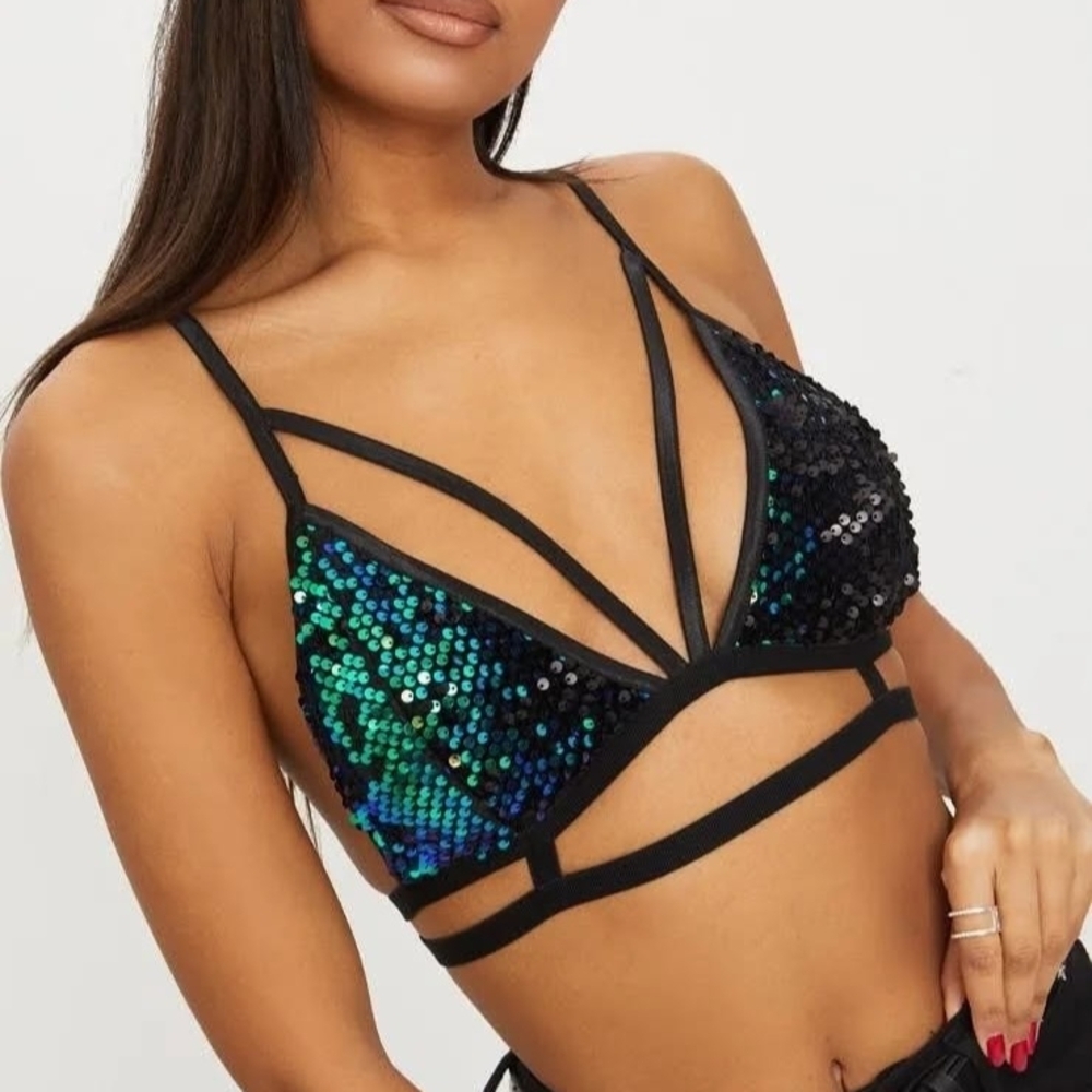 PrettyLittleThing Black and Green Sequin Bralette Nwt